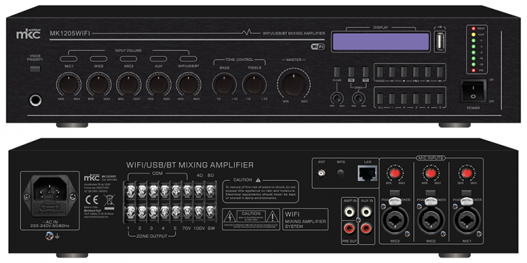 Amplificatore PA da 120W a 5 zone con USB/BT/WI-FI, mod. MK1205 - Clicca l'immagine per chiudere