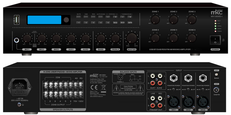 Amplificatore PA da 120W a 6 zone con USB/BT/FM-DAB+, mod. MK12 - Clicca l'immagine per chiudere